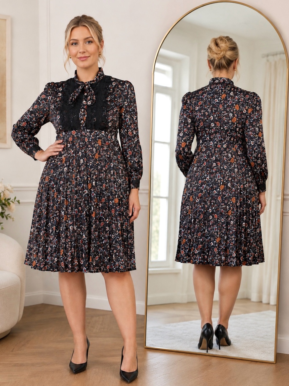 Dalia Macphee Satin Tie Neck Midi Dress Pleated Floral Lace Details Long Sleeve